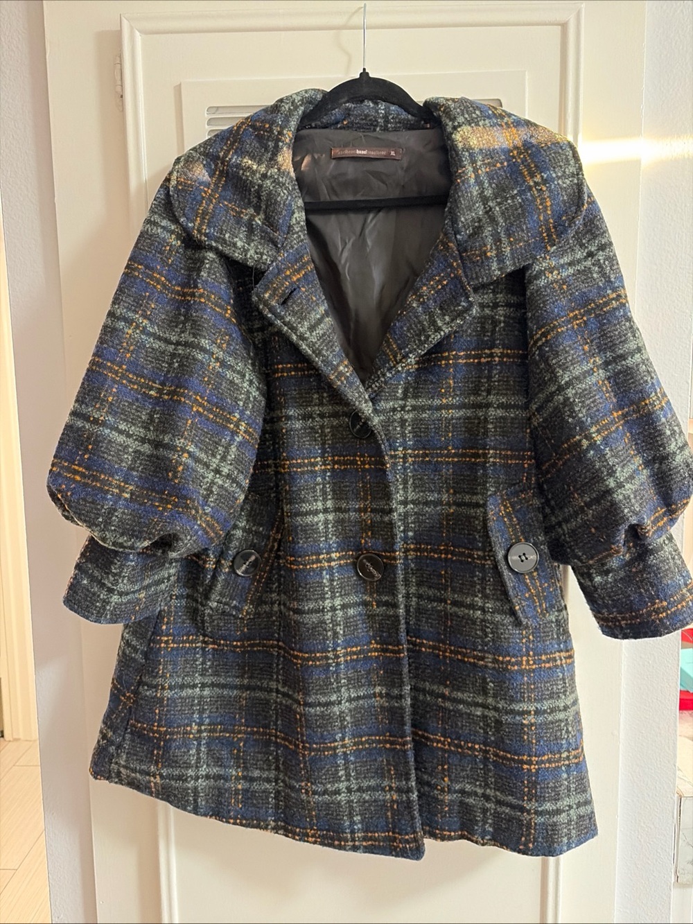 Anthropologie Plaid Tweed Pea Coat in Blue Gold Threading Button Front Pockets